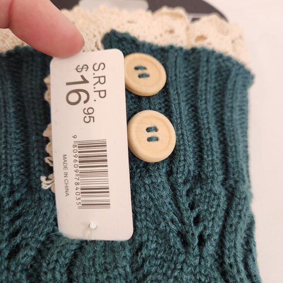 Vintage Acrylic Leg Warmers Dark Teal w/ Lace & Button Detail NEW 80s Slouchy - Picture 5 of 9